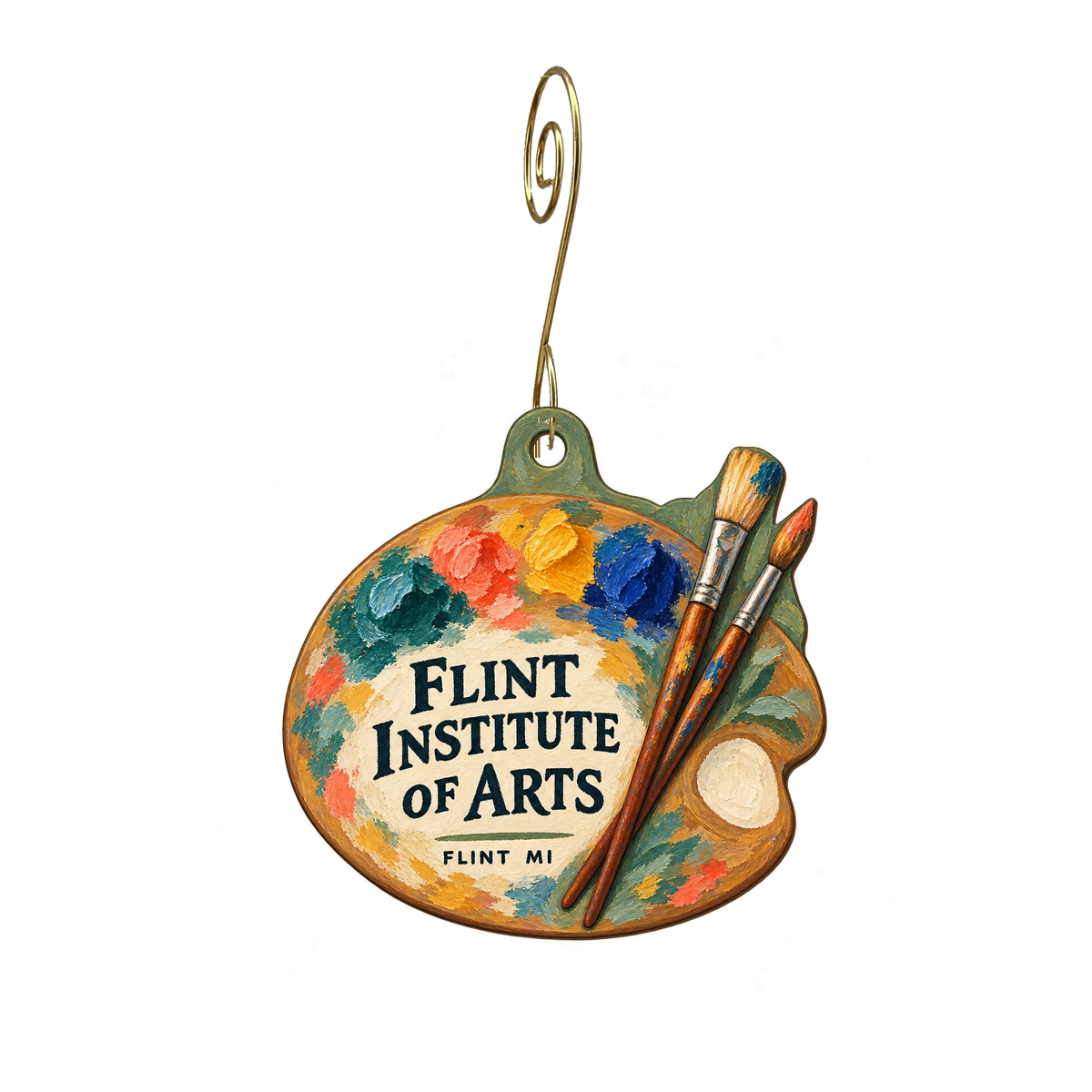 Flint Institute of Arts — Store identity custom wood ornament OC2420, photographic gold spiral hook