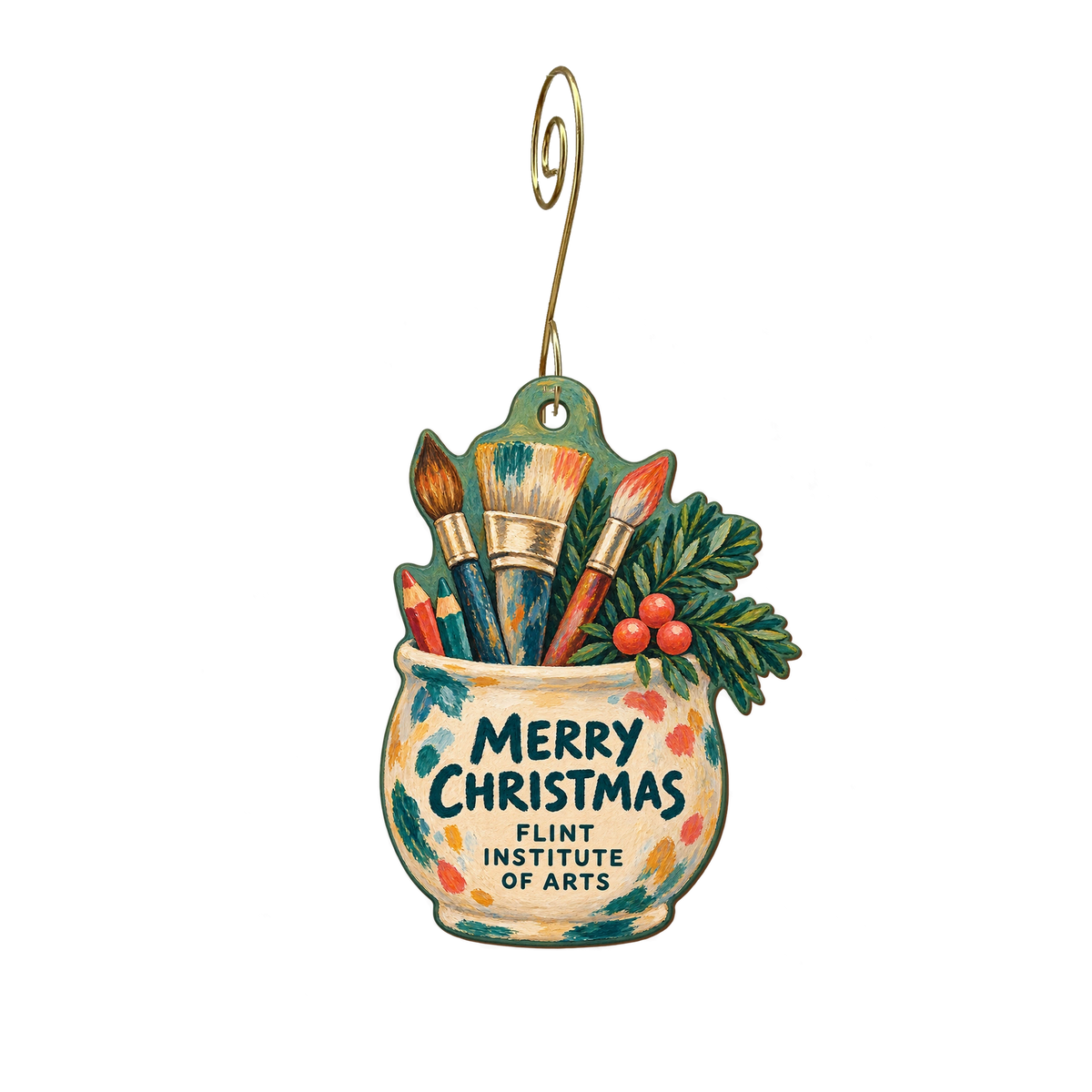 Flint Institute of Arts — Christmas custom wood ornament OC2421, photographic gold spiral hook