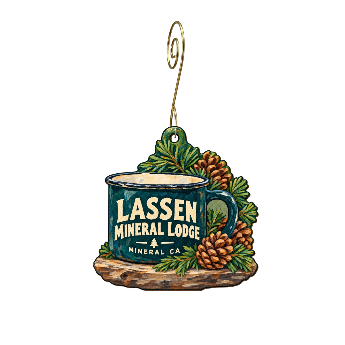 Lassen Mineral Lodge — Store identity custom wood ornament OC2423, photographic gold spiral hook