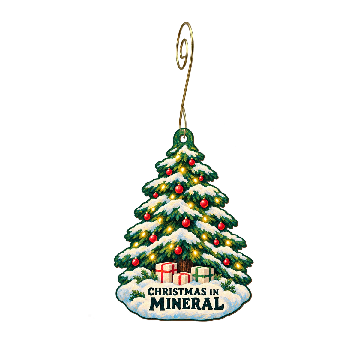 Lassen Mineral Lodge — Christmas custom wood ornament OC2424, photographic gold spiral hook