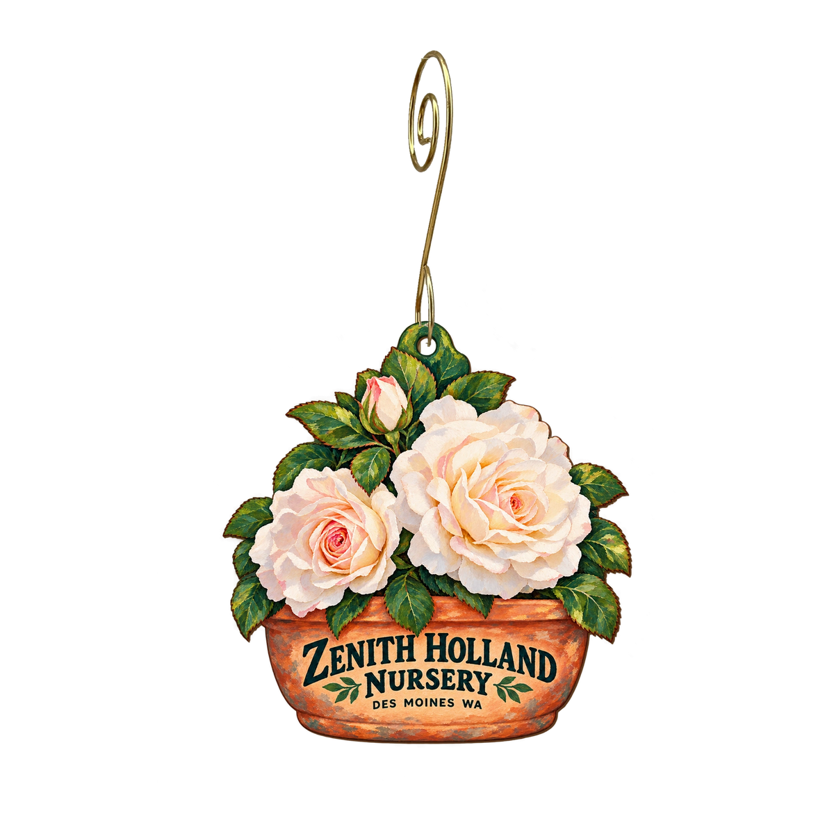 Zenith Holland Nursery & Gift — Store identity custom wood ornament OC2426, photographic gold spiral hook