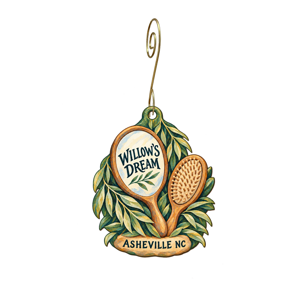 Willow's Dream — Store identity custom wood ornament OC2429, photographic gold spiral hook