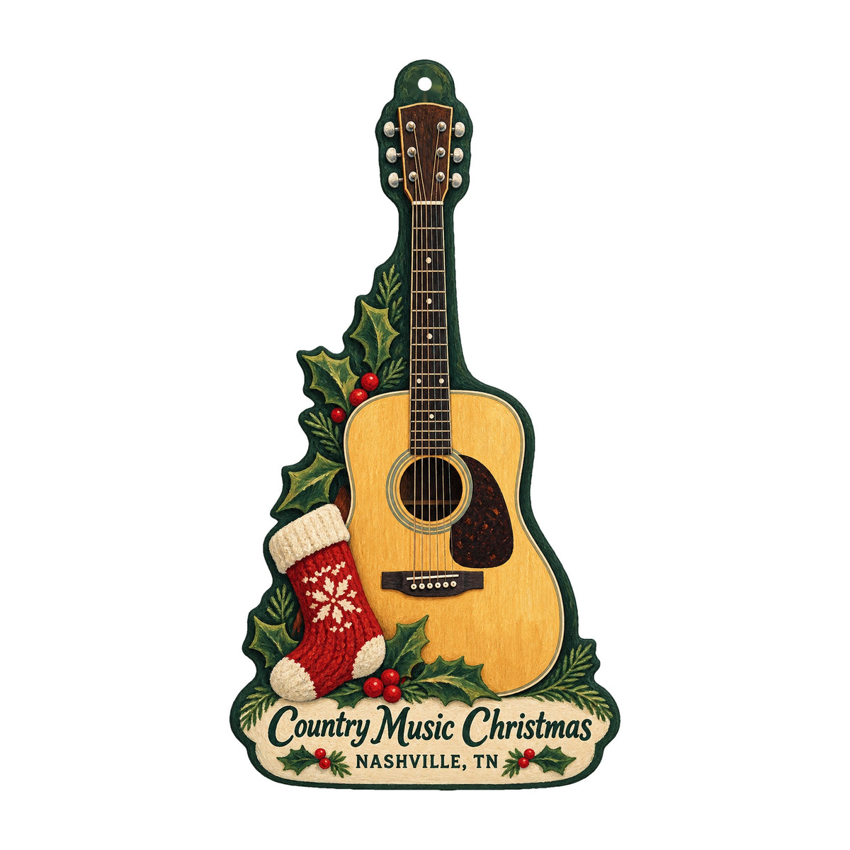Revised OC243 Country Music Christmas ornament, tall six-string acoustic guitar with stocking and holly, exact production artwork on white