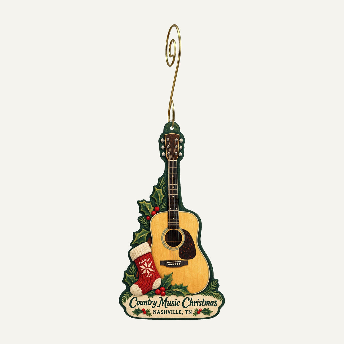 Revised OC243 Country Music Christmas ornament, tall six-string acoustic guitar with stocking and holly, hanging on gold hook