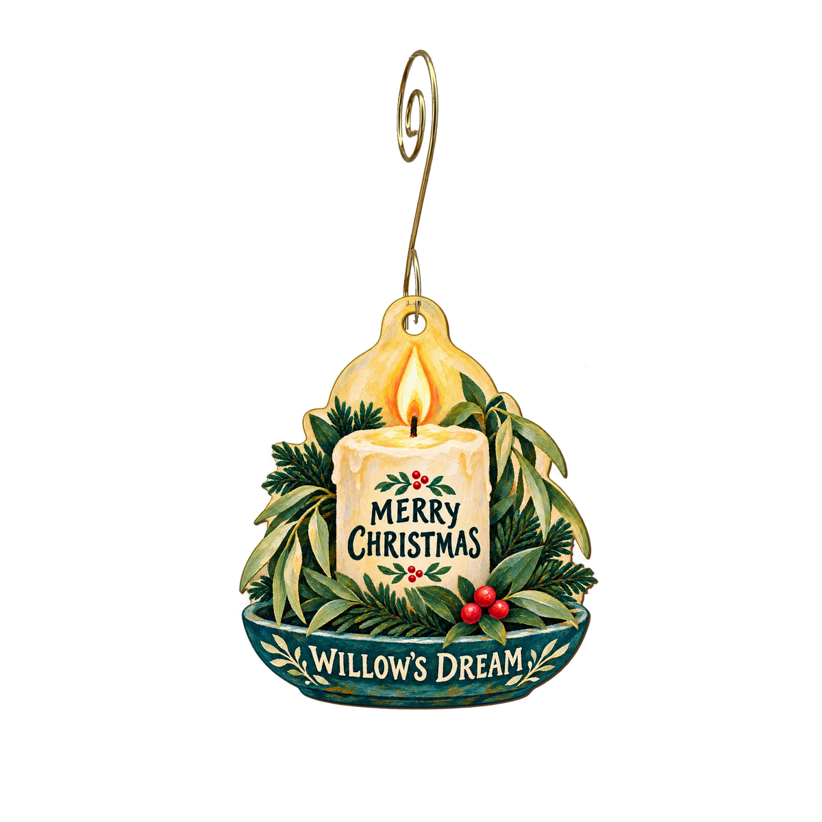 Willow's Dream — Christmas custom wood ornament OC2430, photographic gold spiral hook