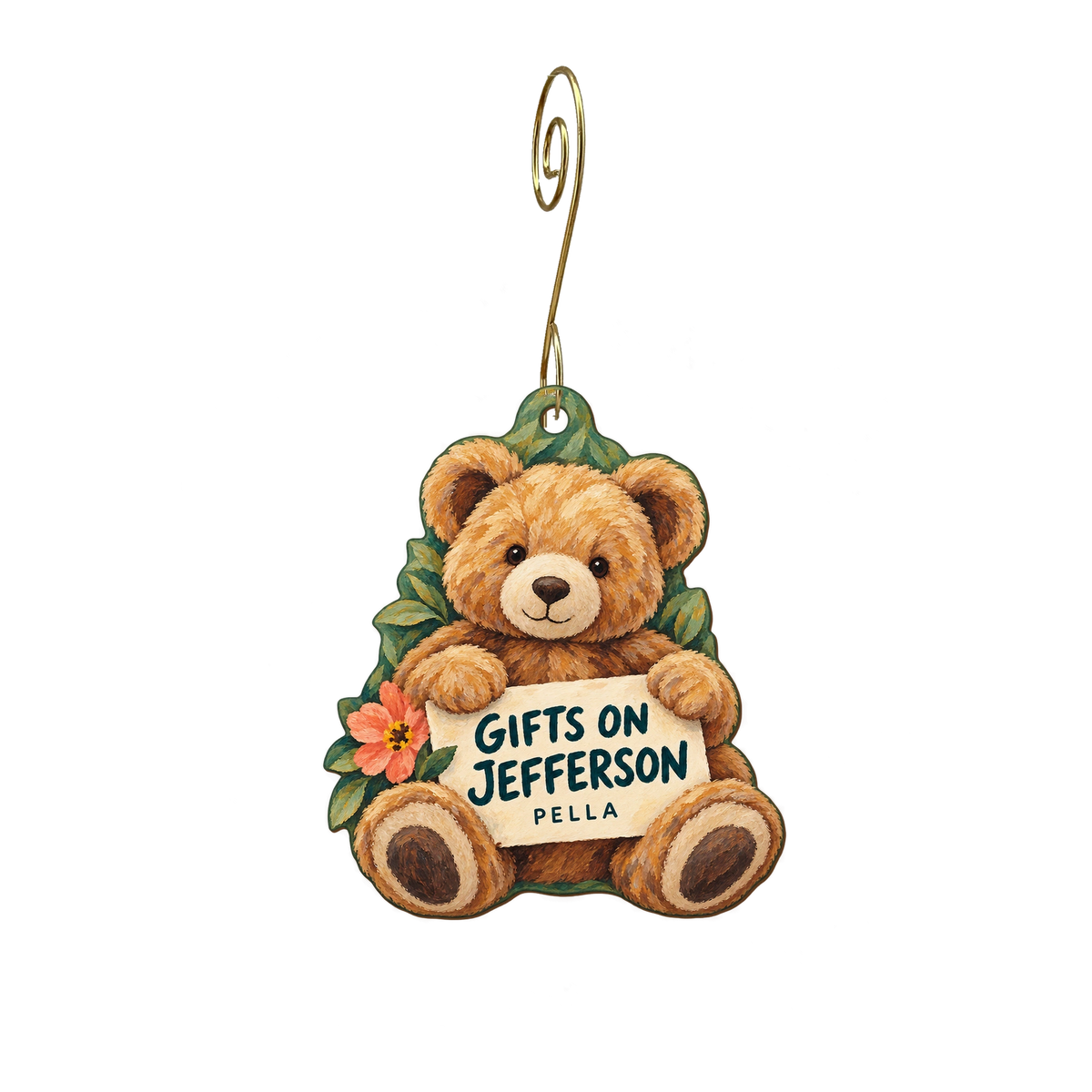 Gifts on Jefferson — Store identity custom wood ornament OC2432, photographic gold spiral hook