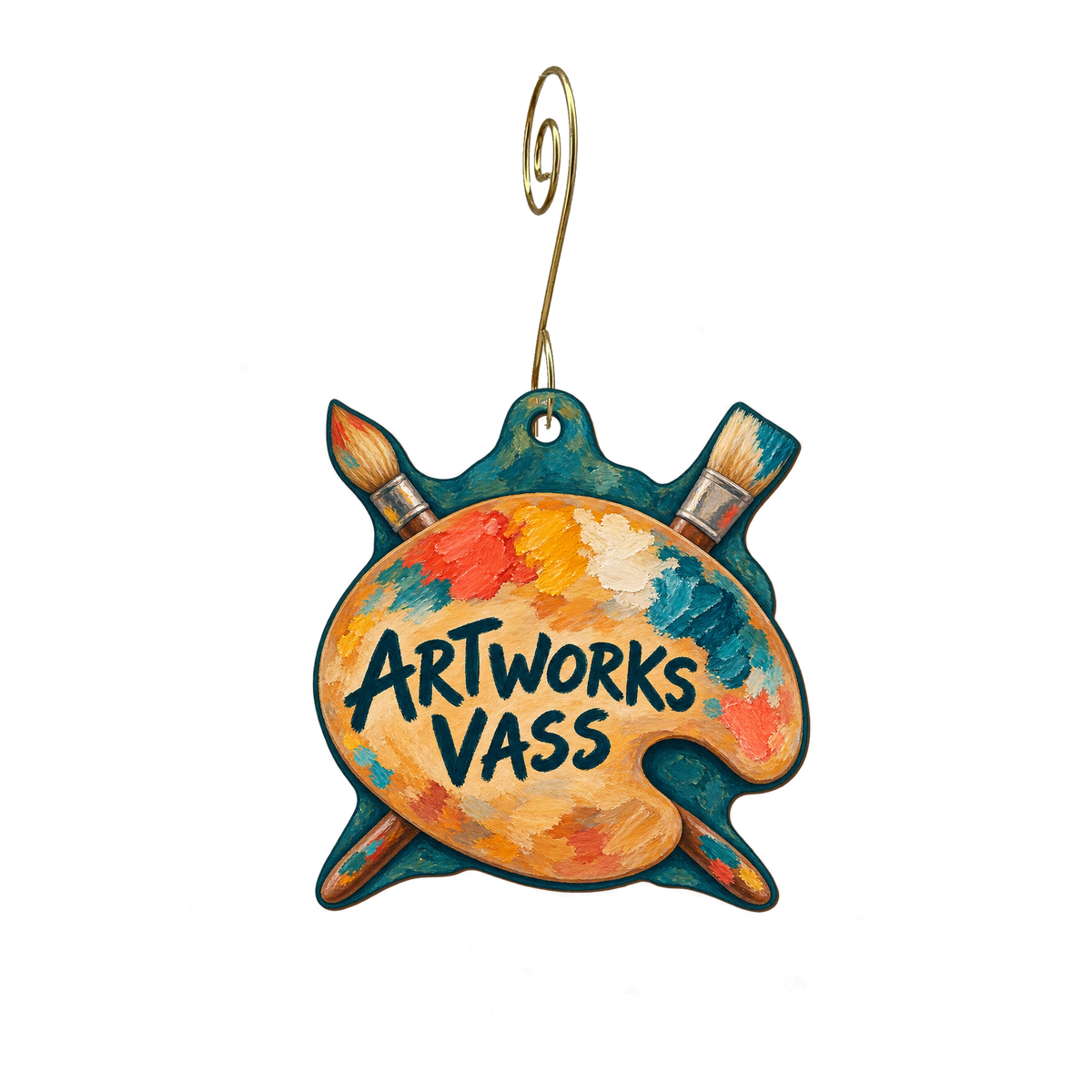 Artworks Vass — Store identity custom wood ornament OC2435, photographic gold spiral hook