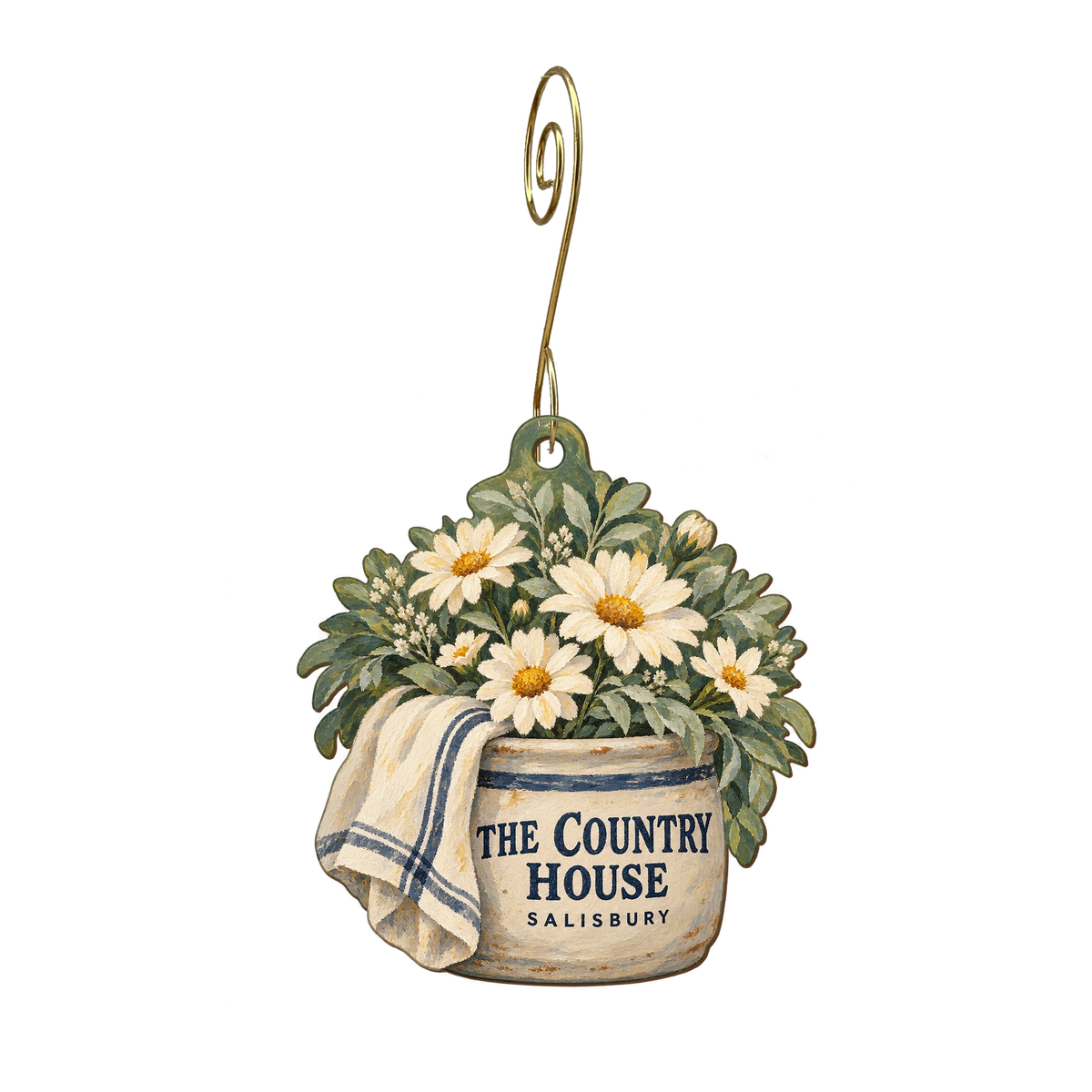 The Country House — Store identity custom wood ornament OC2438, photographic gold spiral hook