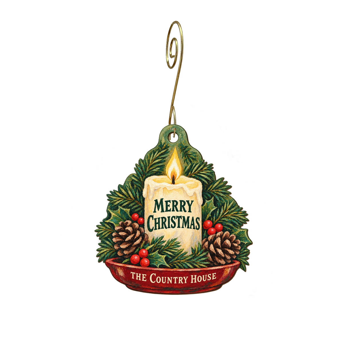The Country House — Christmas custom wood ornament OC2439, photographic gold spiral hook