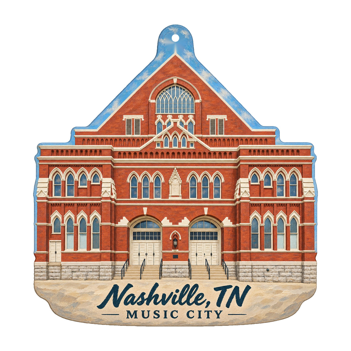Nashville Music City ornament with reference-based Ryman Auditorium architecture, exact production artwork on white, OC244
