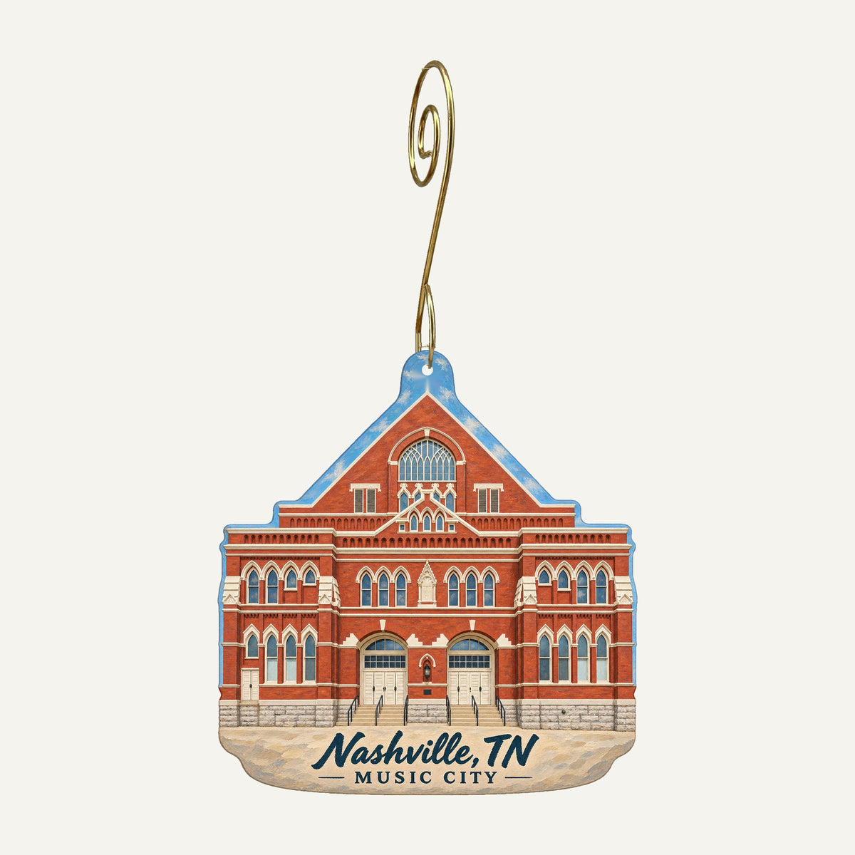 Nashville Music City ornament with reference-based Ryman Auditorium architecture, hanging on gold hook, OC244