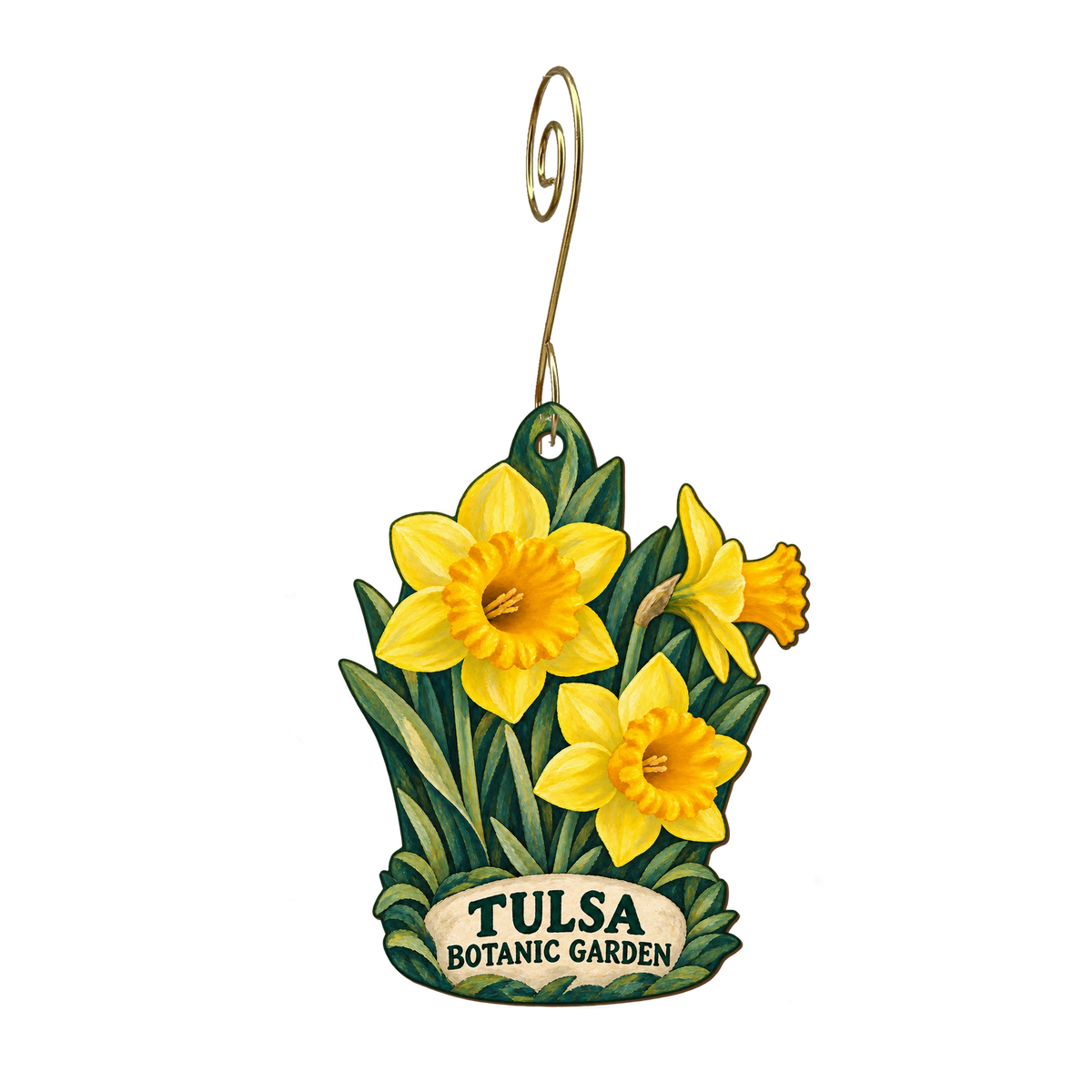 Tulsa Botanic Garden Visitor Center — Store identity custom wood ornament OC2441, photographic gold spiral hook