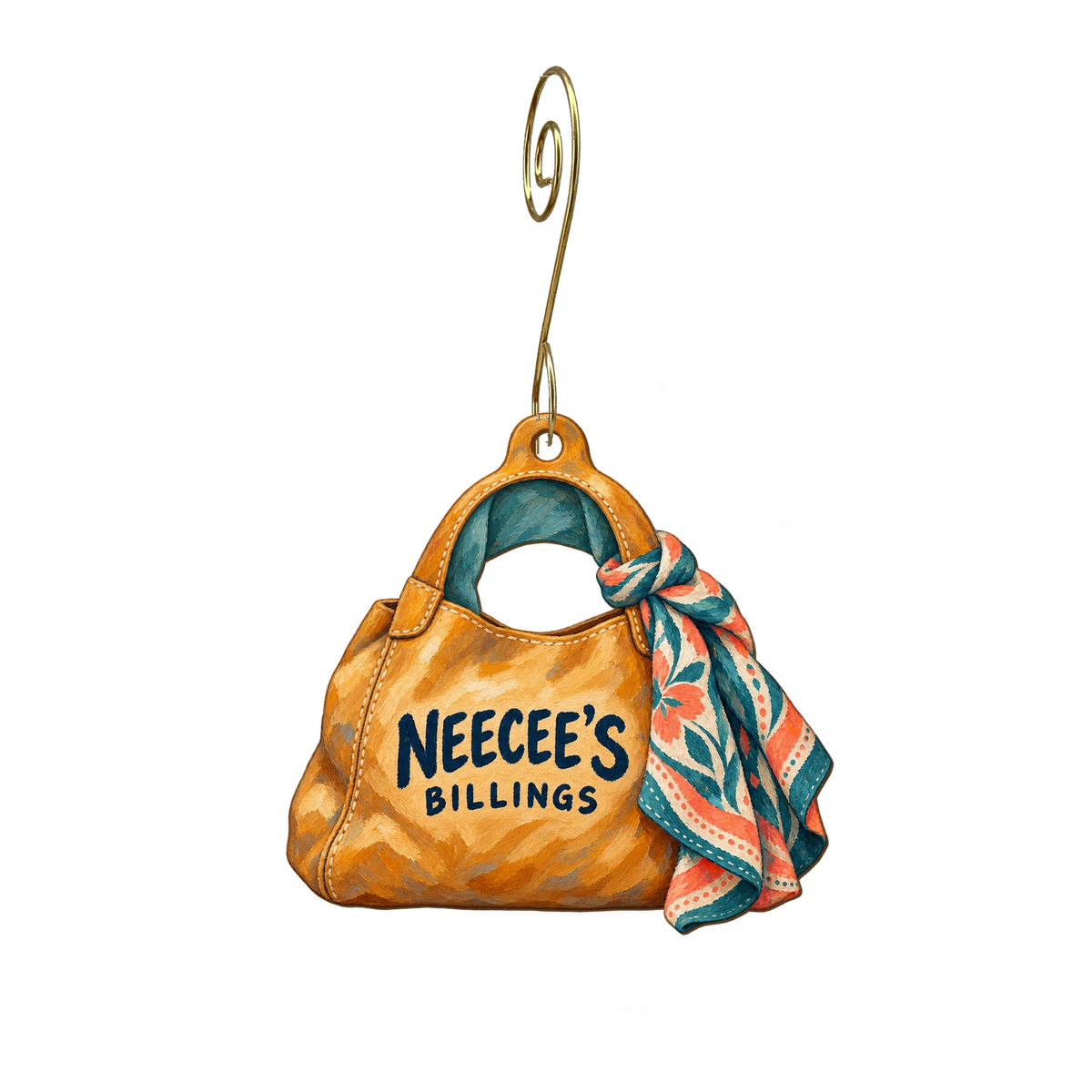 Neecee's — Store identity custom wood ornament OC2444, photographic gold spiral hook