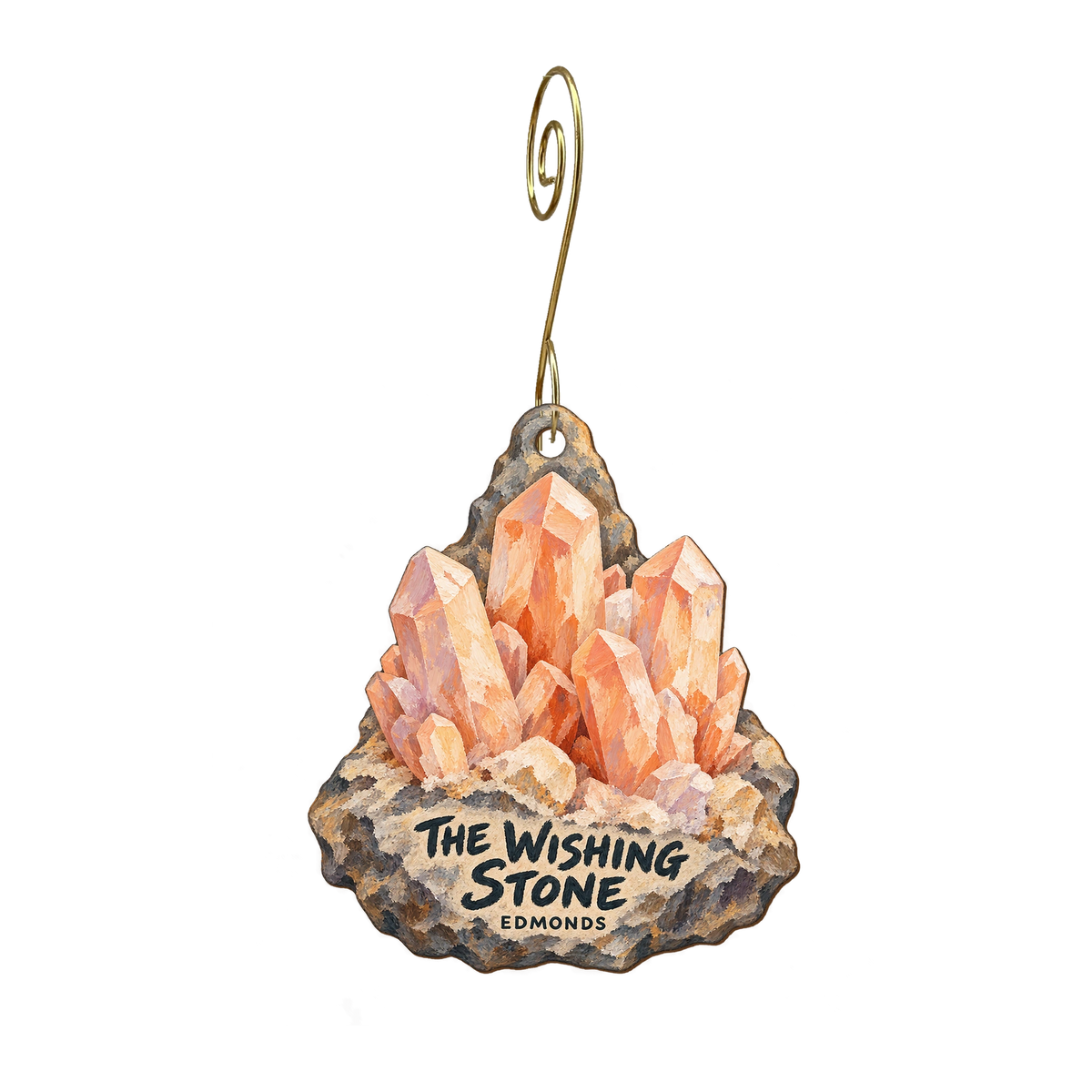 The Wishing Stone — Store identity custom wood ornament OC2447, photographic gold spiral hook