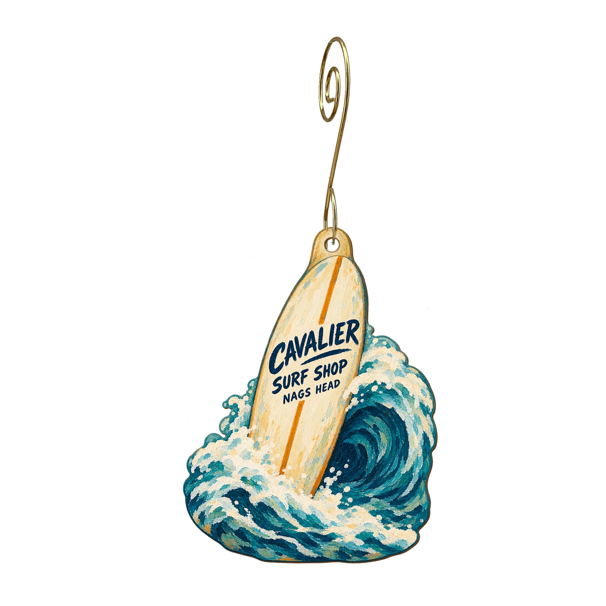 Cavalier Surf Shop — Store identity custom wood ornament OC2450, photographic gold spiral hook