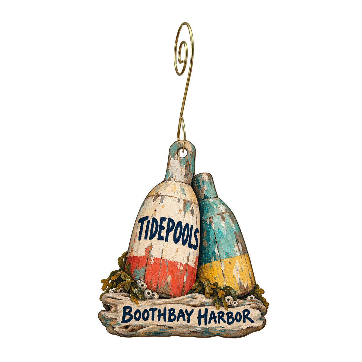 Tidepools of Maine — Store identity custom wood ornament OC2453, photographic gold spiral hook