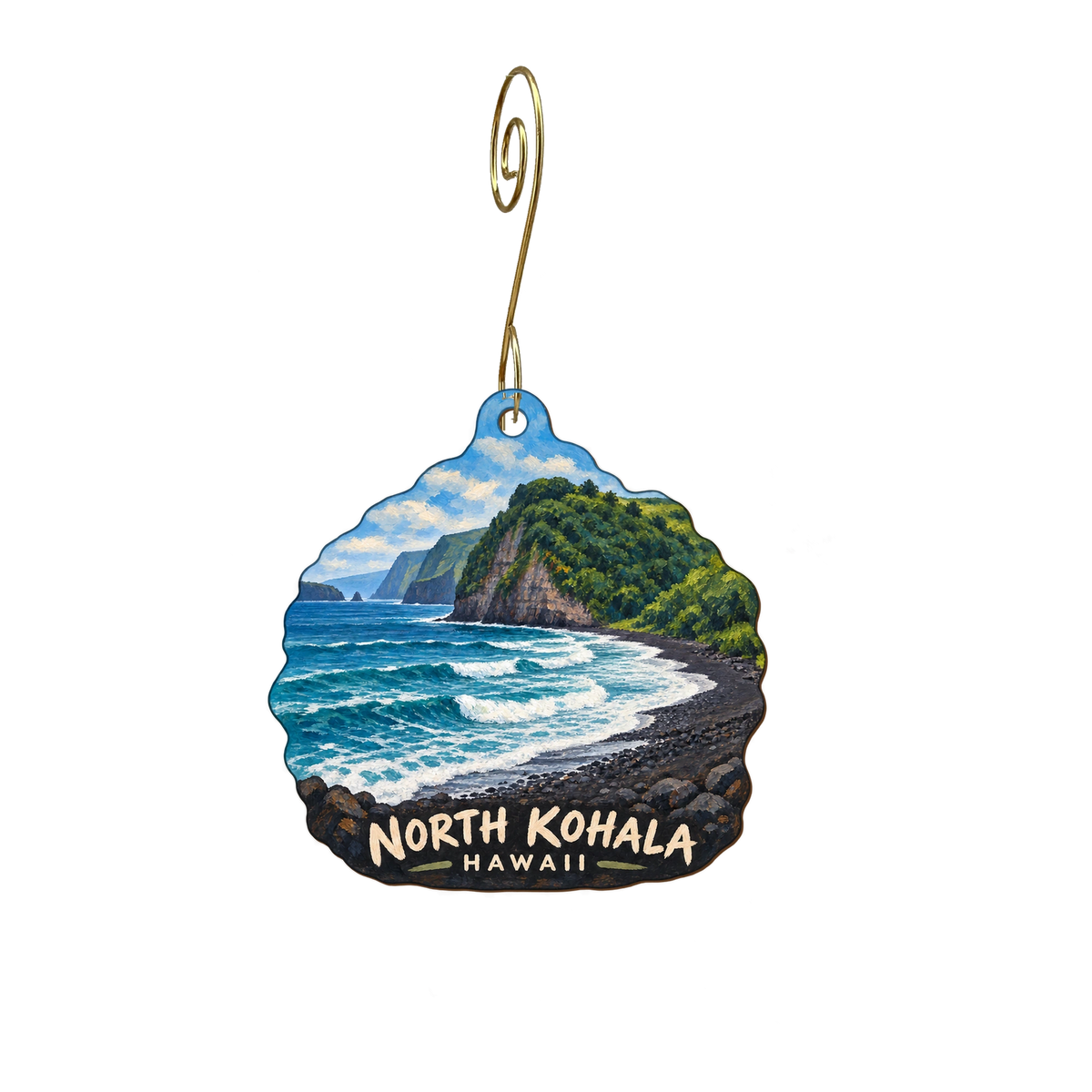 As Hawi Turns — Local inspiration custom wood ornament OC2458, photographic gold spiral hook