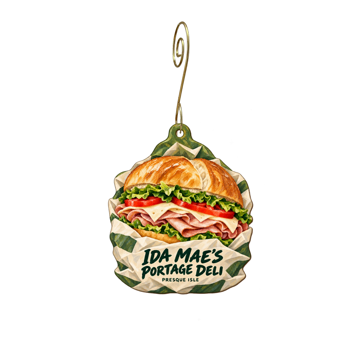 Ida Mae’s Portage Deli — Store identity custom wood ornament OC2459, photographic gold spiral hook