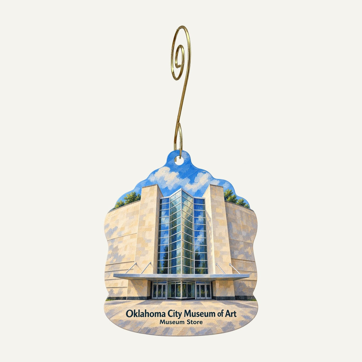 Oklahoma City Museum of Art — OKCMOA Store Logo custom wood ornament OC245 hanging on hook