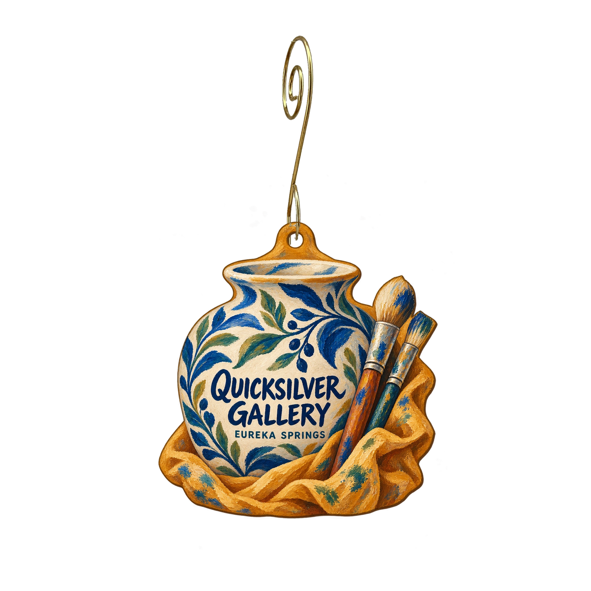 Quicksilver Gallery — Store identity custom wood ornament OC2462, photographic gold spiral hook