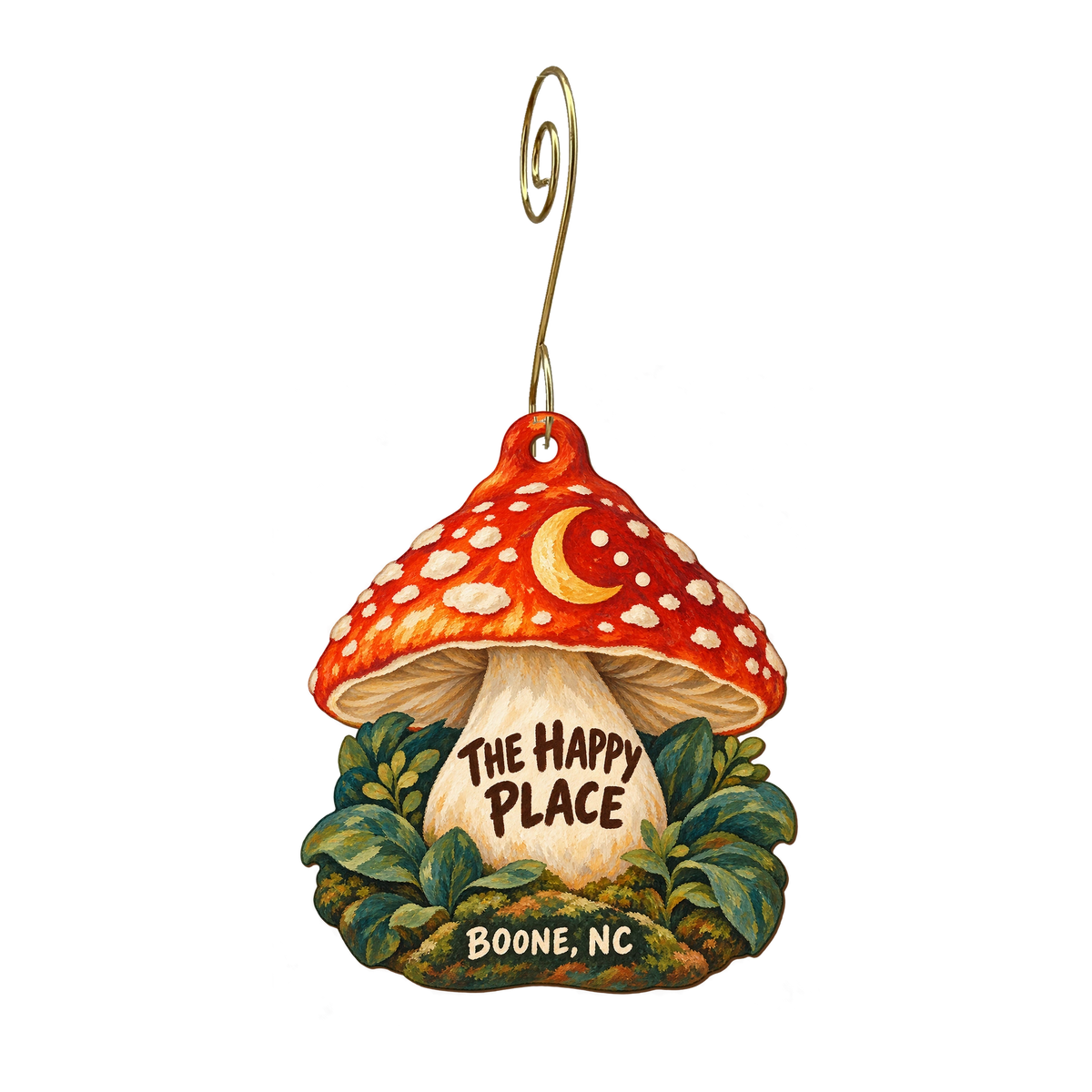 The Happy Place — Store identity custom wood ornament OC2465, photographic gold spiral hook