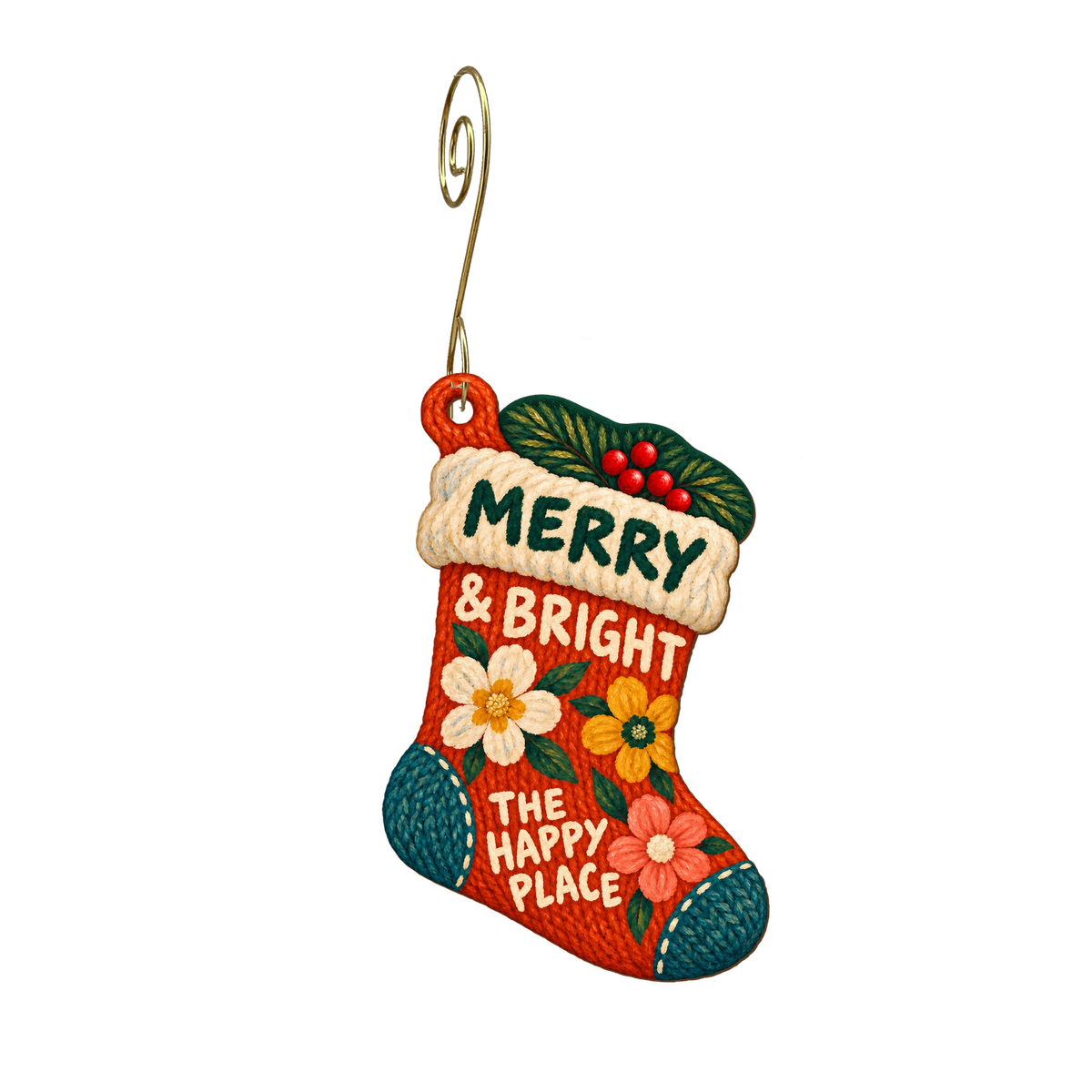 The Happy Place — Christmas custom wood ornament OC2466, photographic gold spiral hook