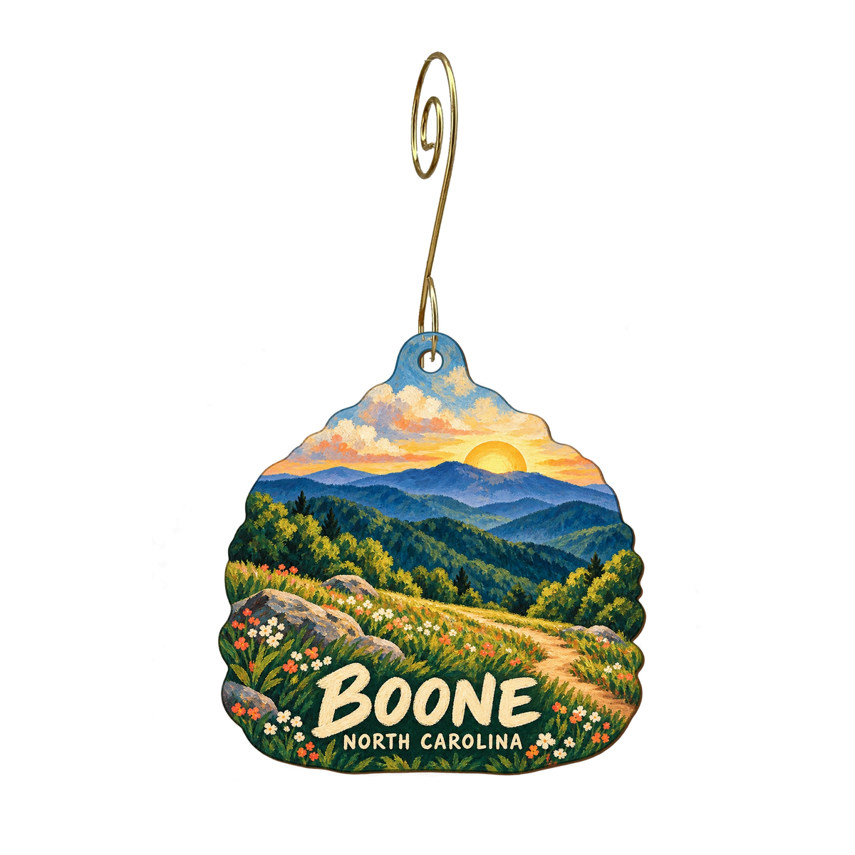 The Happy Place — Local inspiration custom wood ornament OC2467, photographic gold spiral hook