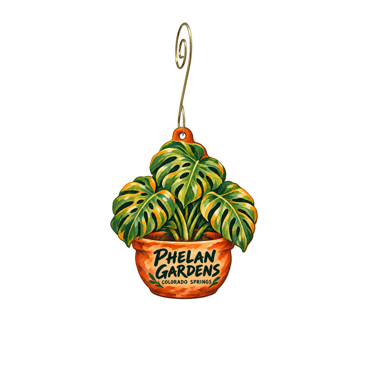 Phelan Gardens — Store identity custom wood ornament OC2468, photographic gold spiral hook