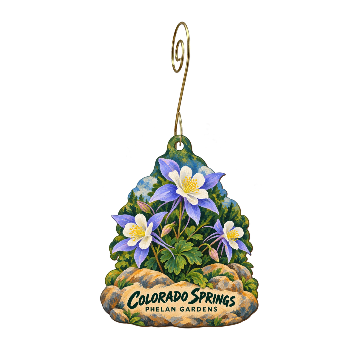 Phelan Gardens — Local inspiration custom wood ornament OC2470, photographic gold spiral hook