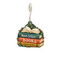 Main Street Books — Store identity custom wood ornament OC2471, photographic gold spiral hook