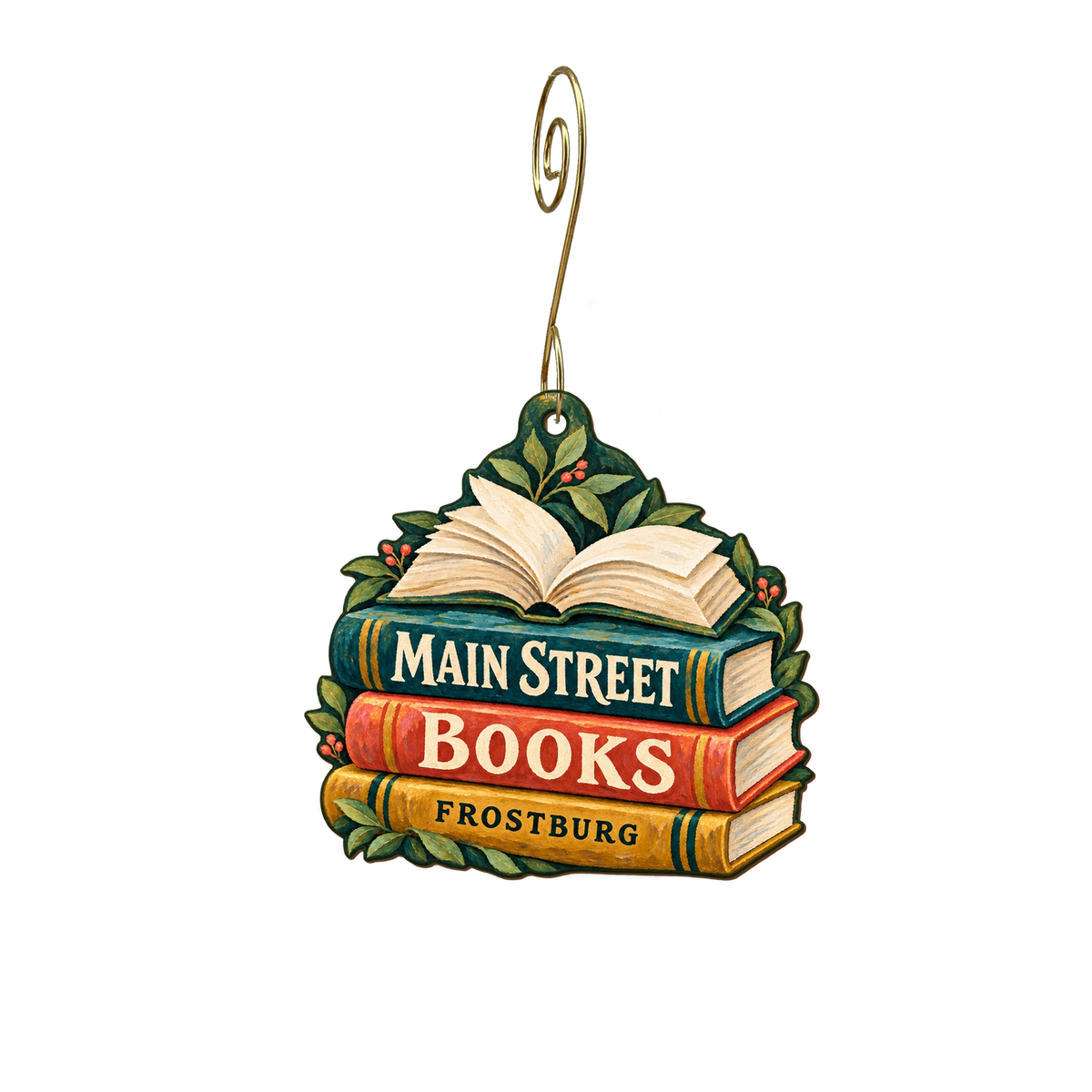 Main Street Books — Store identity custom wood ornament OC2471, photographic gold spiral hook
