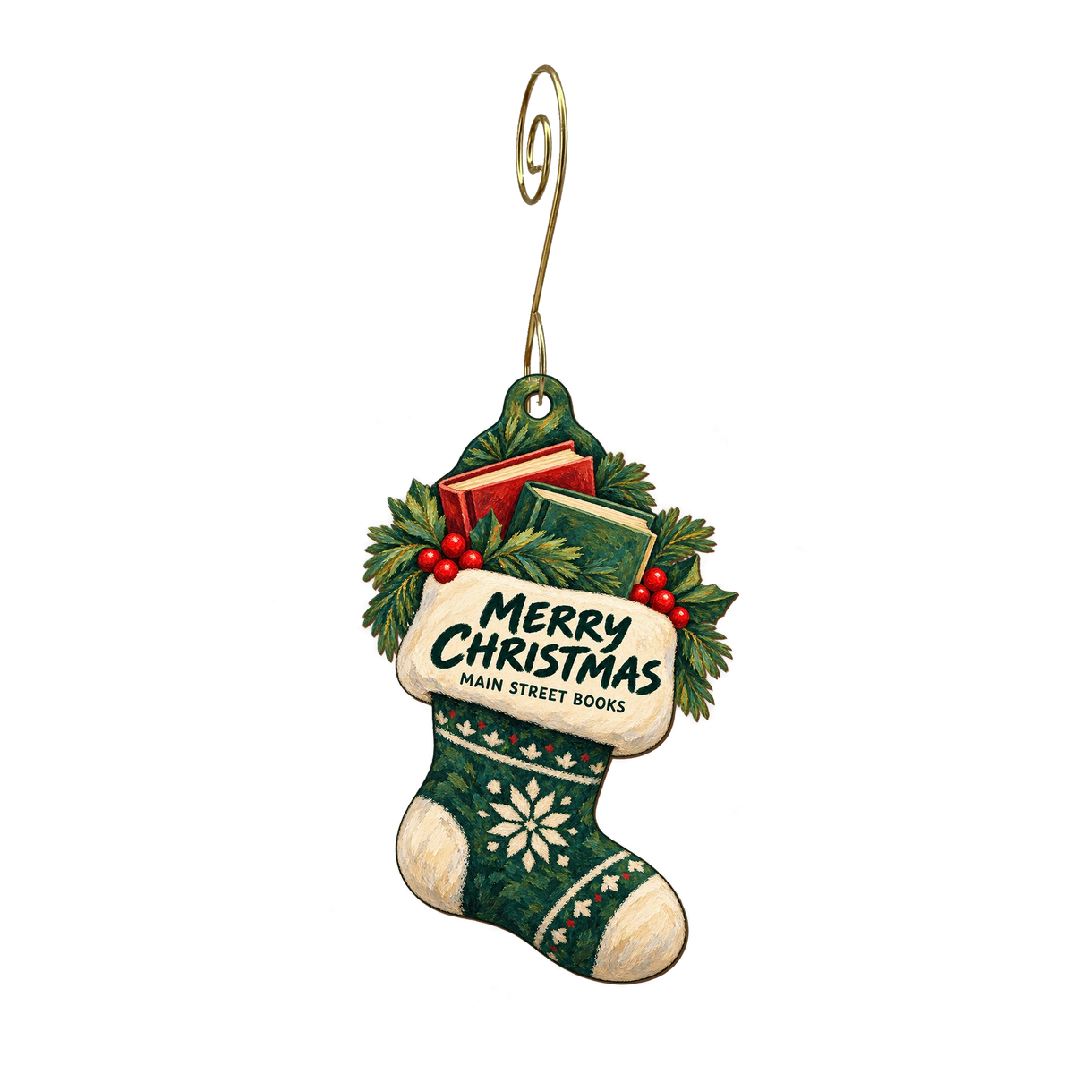Main Street Books — Christmas custom wood ornament OC2472, photographic gold spiral hook