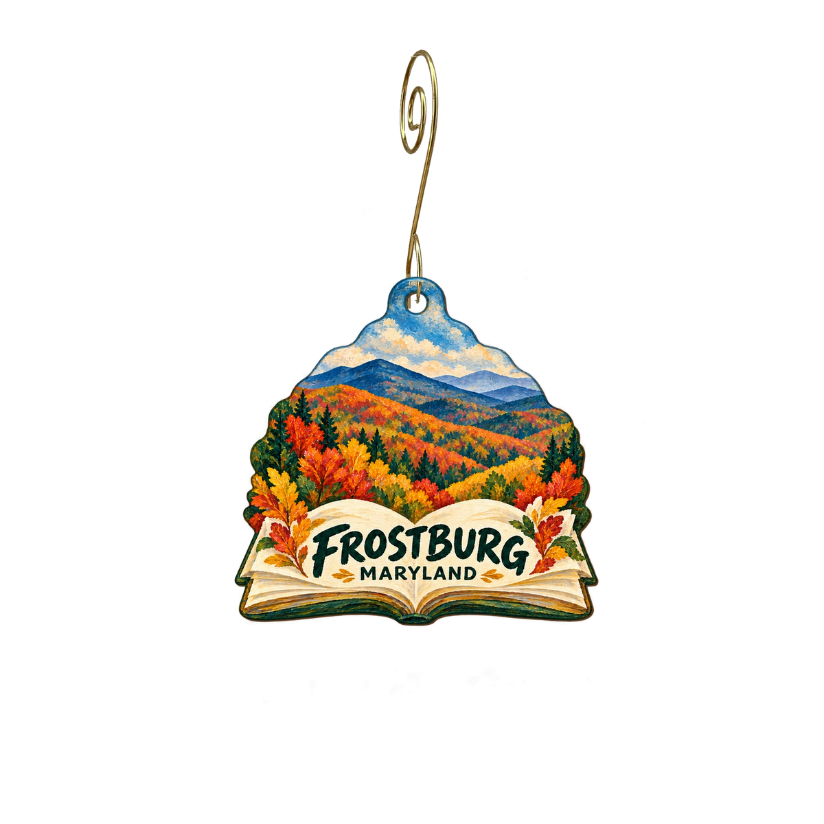 Main Street Books — Local inspiration custom wood ornament OC2473, photographic gold spiral hook