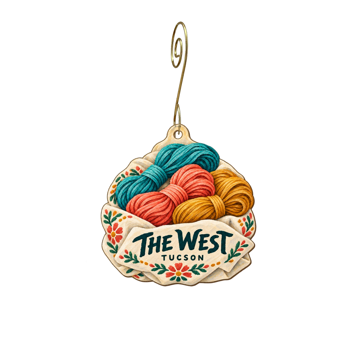 The West — Store identity custom wood ornament OC2474, photographic gold spiral hook