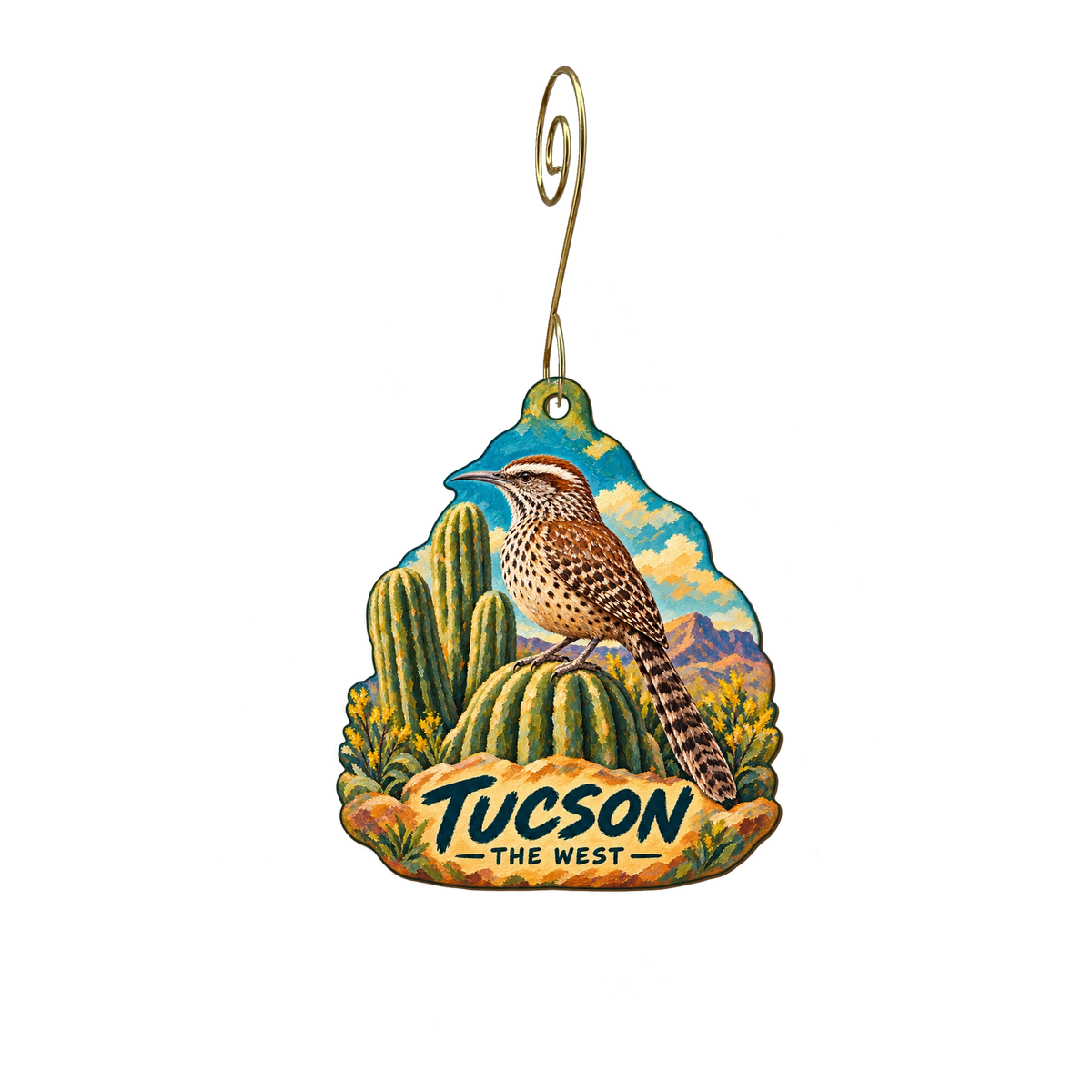 The West — Local inspiration custom wood ornament OC2476, photographic gold spiral hook