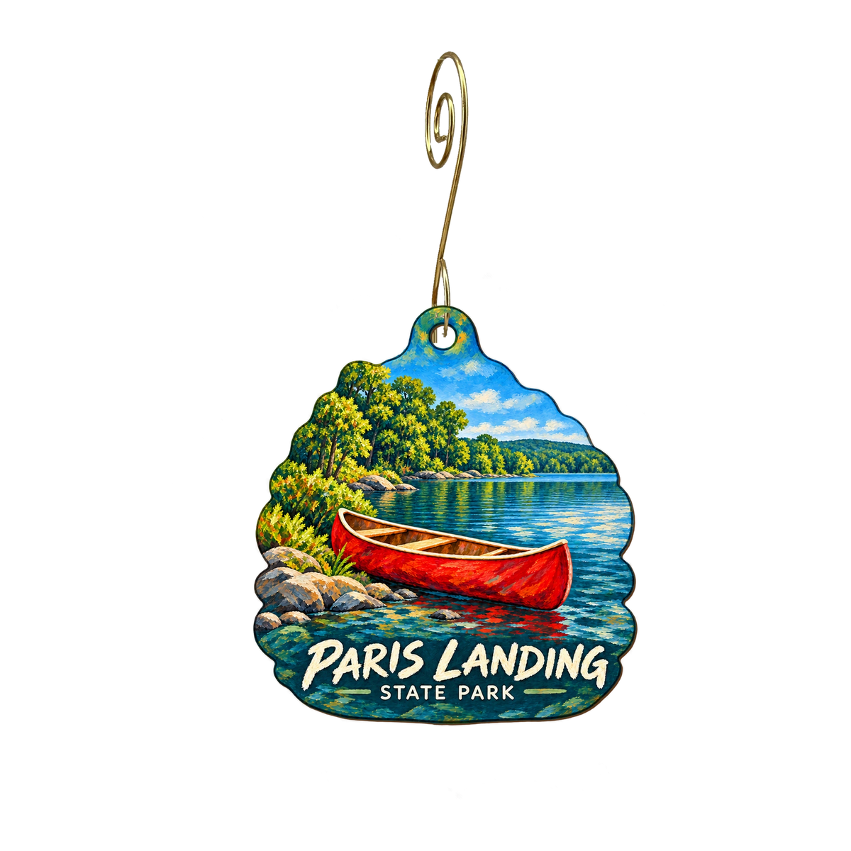 Paris Landing-Tdec — Store identity custom wood ornament OC2477, photographic gold spiral hook