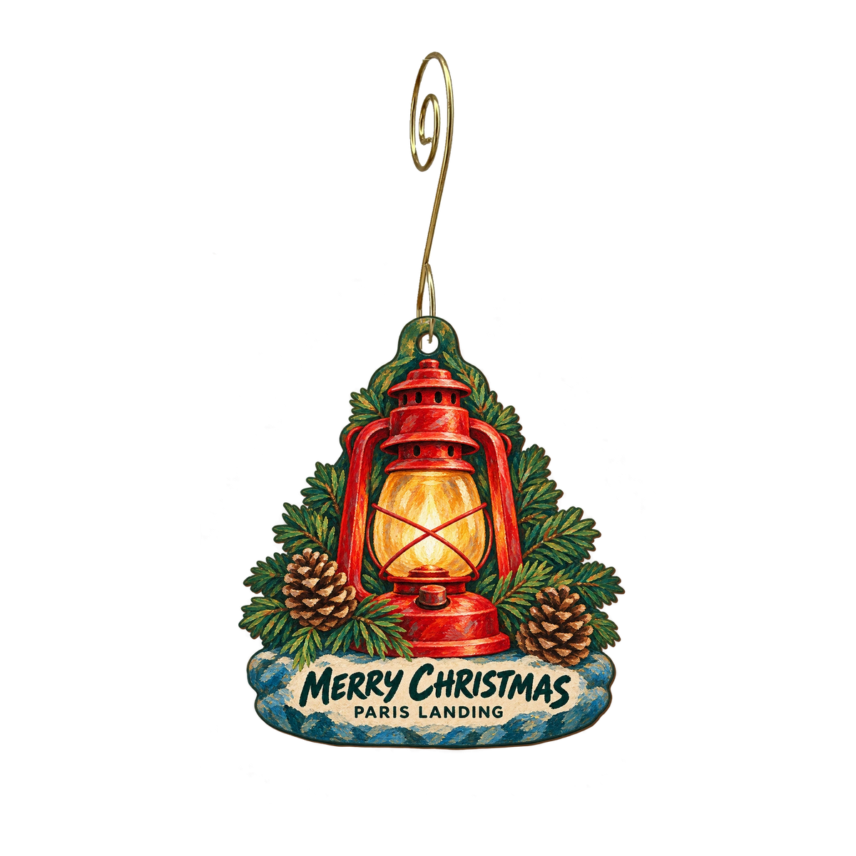 Paris Landing-Tdec — Christmas custom wood ornament OC2478, photographic gold spiral hook
