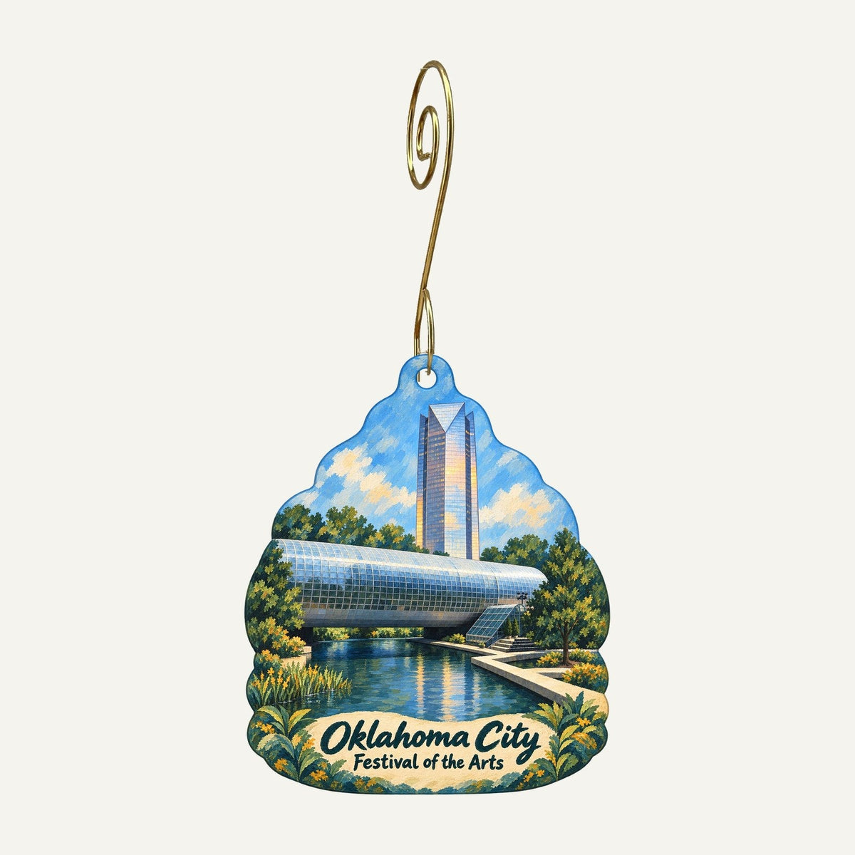 Oklahoma City Museum of Art — OKCMOA Store Town Icon custom wood ornament OC247 hanging on hook
