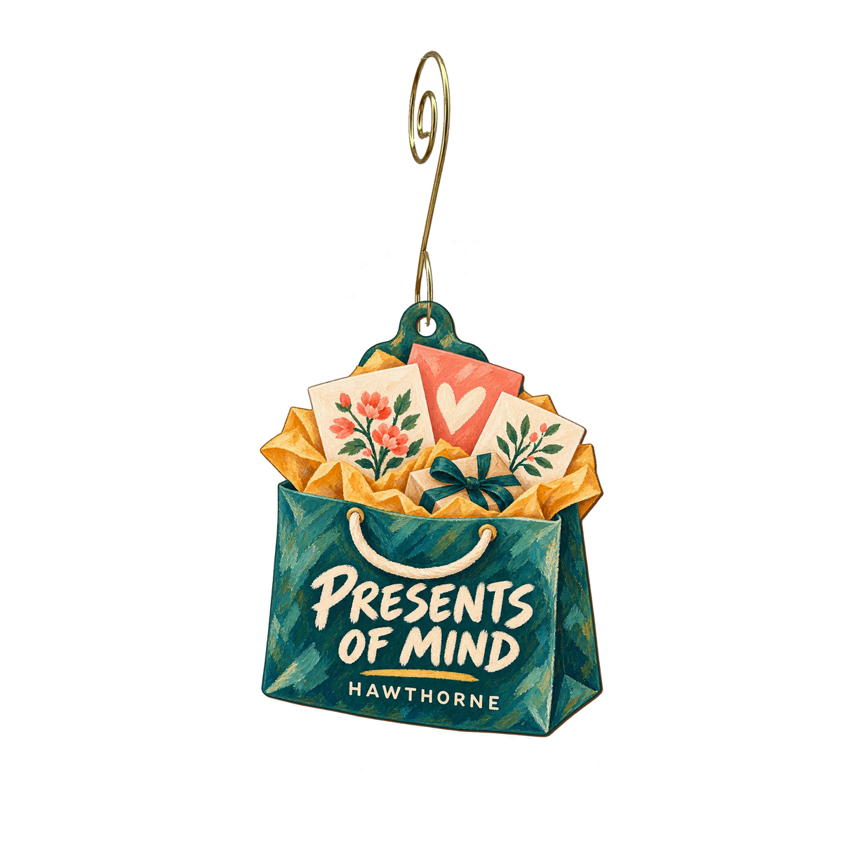 Presents of Mind — Store identity custom wood ornament OC2480, photographic gold spiral hook