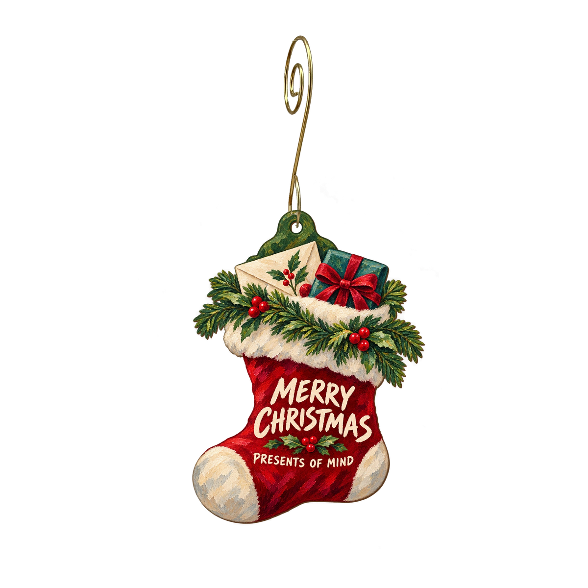 Presents of Mind — Christmas custom wood ornament OC2481, photographic gold spiral hook