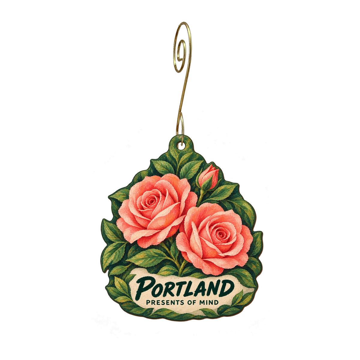 Presents of Mind — Local inspiration custom wood ornament OC2482, photographic gold spiral hook