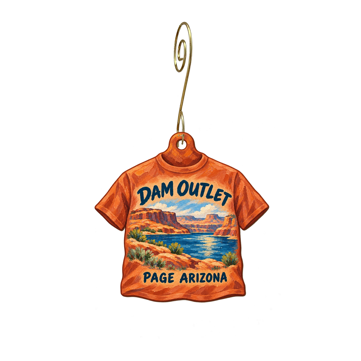 Dam Outlet — Store identity custom wood ornament OC2483, photographic gold spiral hook