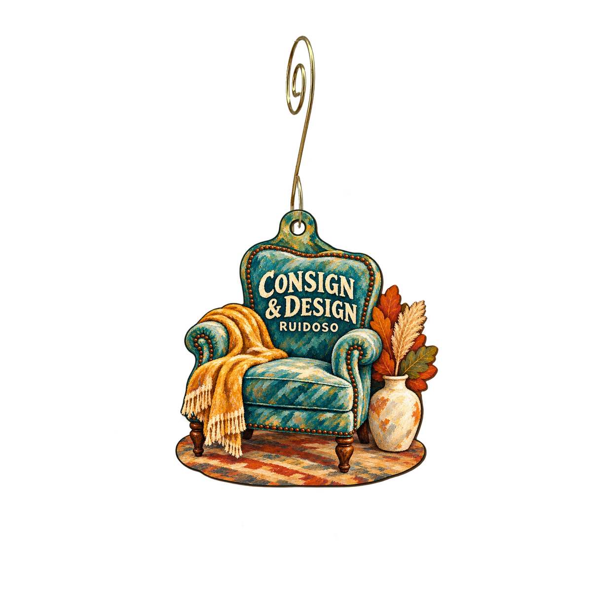 Consign & Design Gallery — Store identity custom wood ornament OC2486, photographic gold spiral hook