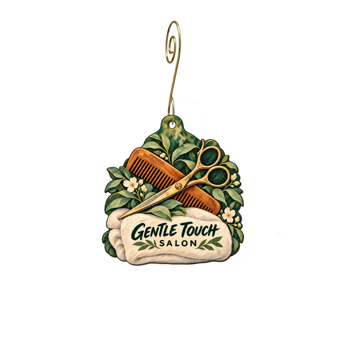 Gentle Touch Salon — Store identity custom wood ornament OC2491, photographic gold spiral hook