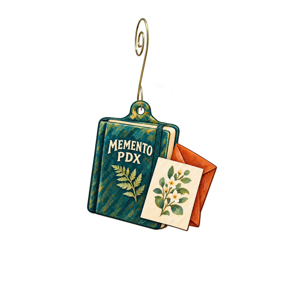 Memento Pdx — Store identity custom wood ornament OC2494, photographic gold spiral hook