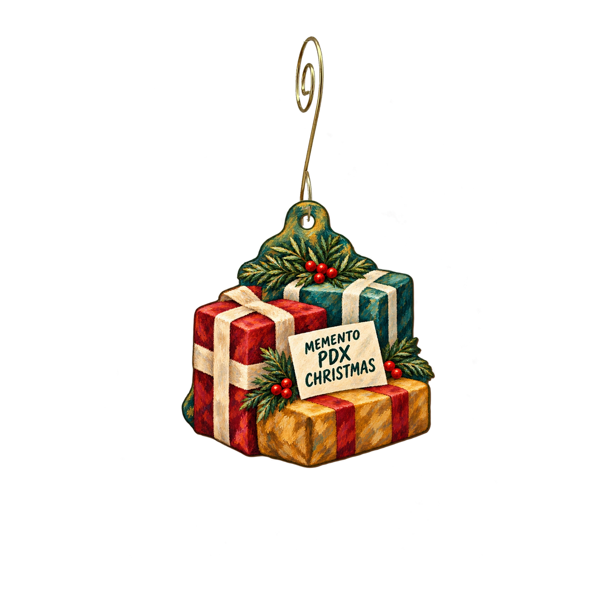Memento Pdx — Christmas custom wood ornament OC2495, photographic gold spiral hook
