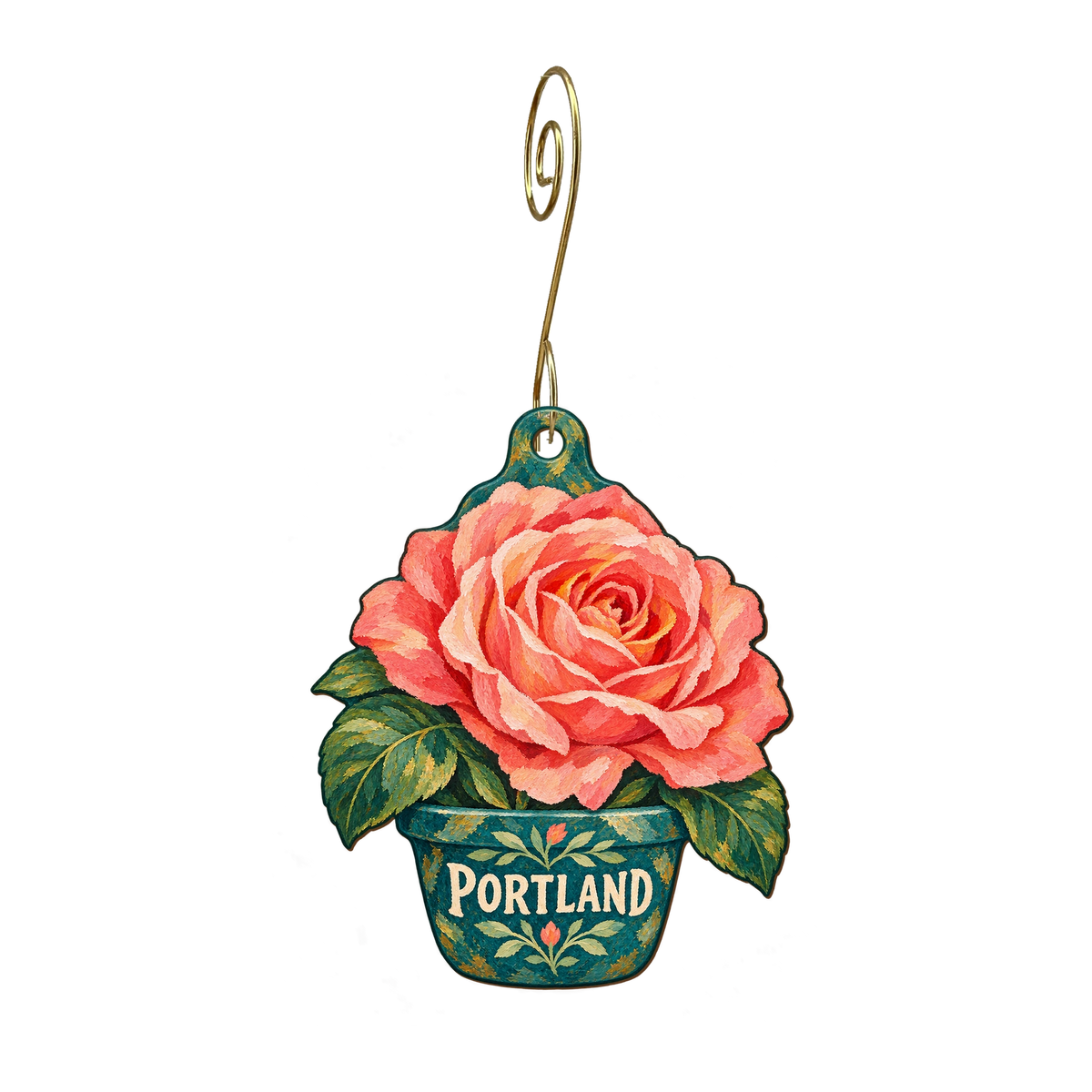 Memento Pdx — Local inspiration custom wood ornament OC2496, photographic gold spiral hook