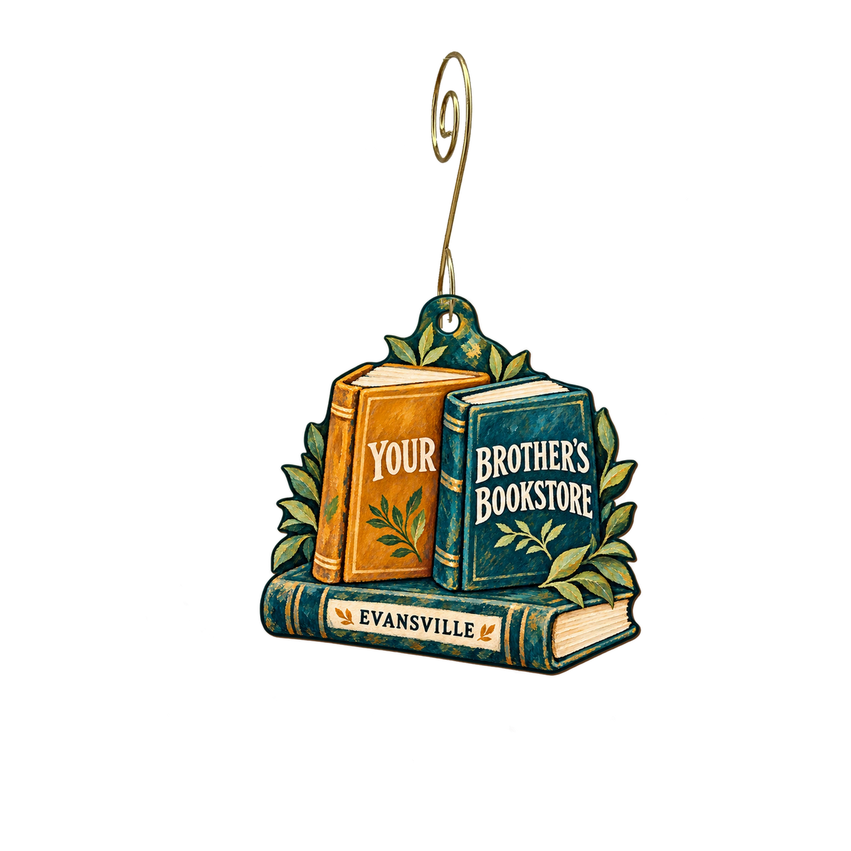 Your Brother's Bookstore — Store identity custom wood ornament OC2497, photographic gold spiral hook