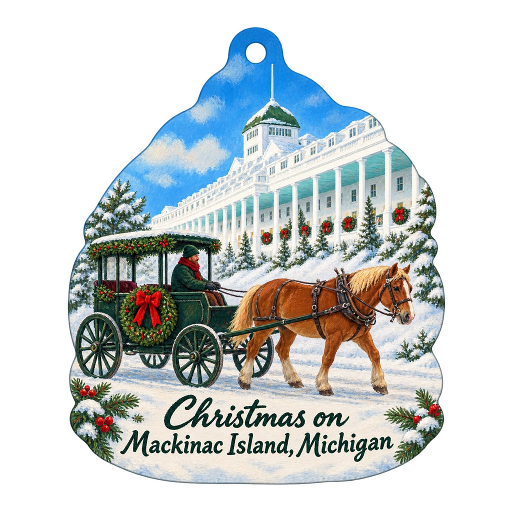 Poppins on Mackinac Christmas custom wood ornament OC249 on white