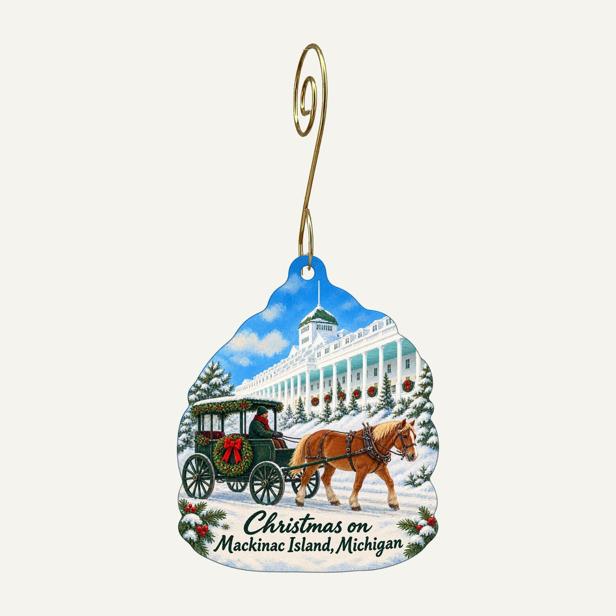 Poppins on Mackinac Christmas custom wood ornament OC249 hanging on hook
